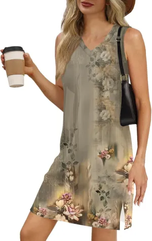 Women's Bohemian Sleeveless V-Neck Floral Print Summer Dress Casual Loose Fit Beach Sundress with Pockets