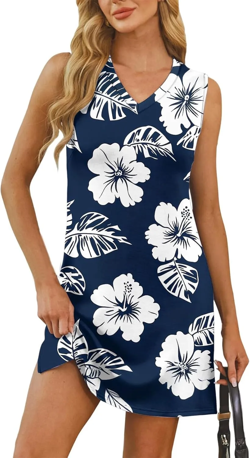 Women's Bohemian Sleeveless V-Neck Floral Print Summer Dress Casual Loose Fit Beach Sundress with Pockets