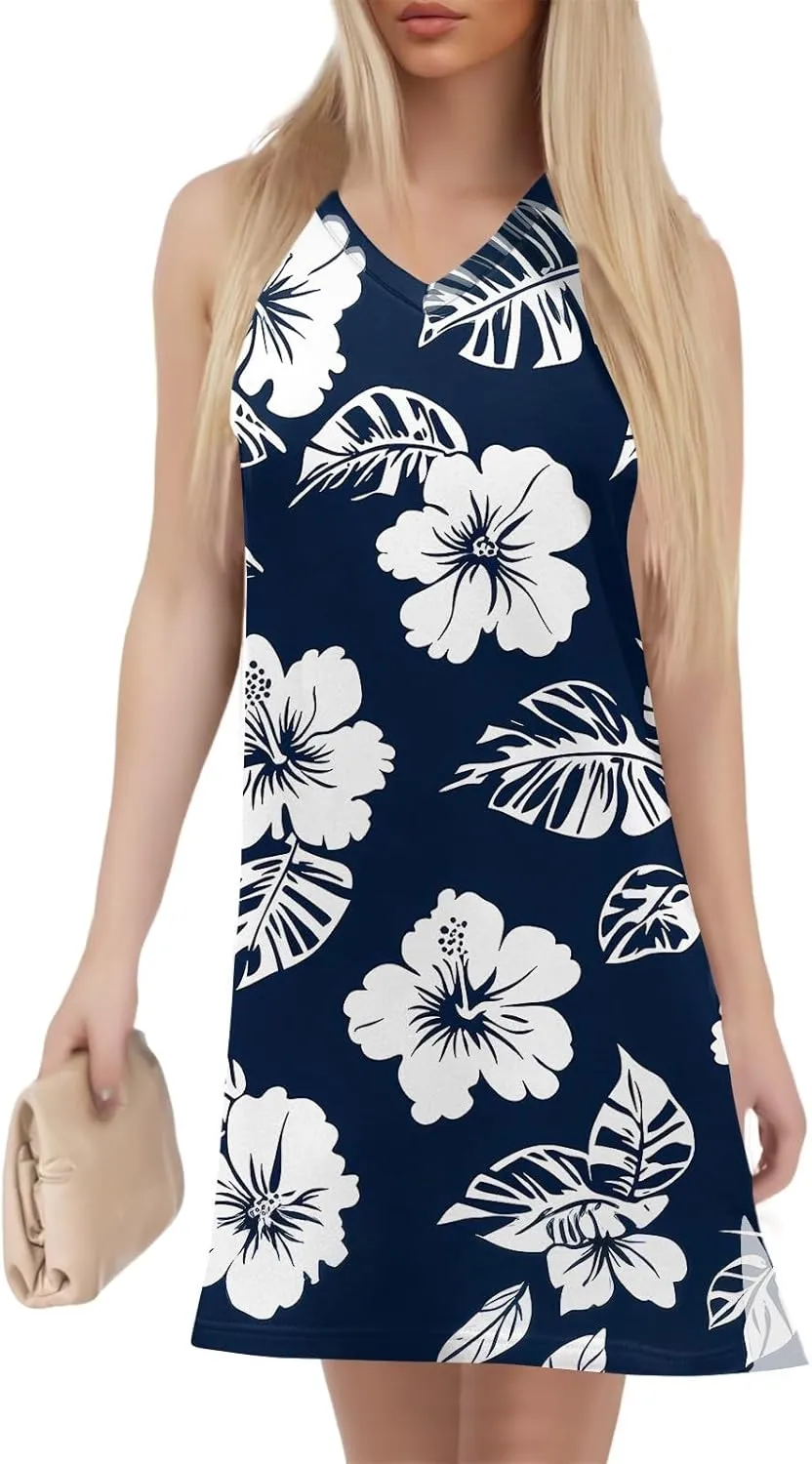 Women's Bohemian Sleeveless V-Neck Floral Print Summer Dress Casual Loose Fit Beach Sundress with Pockets