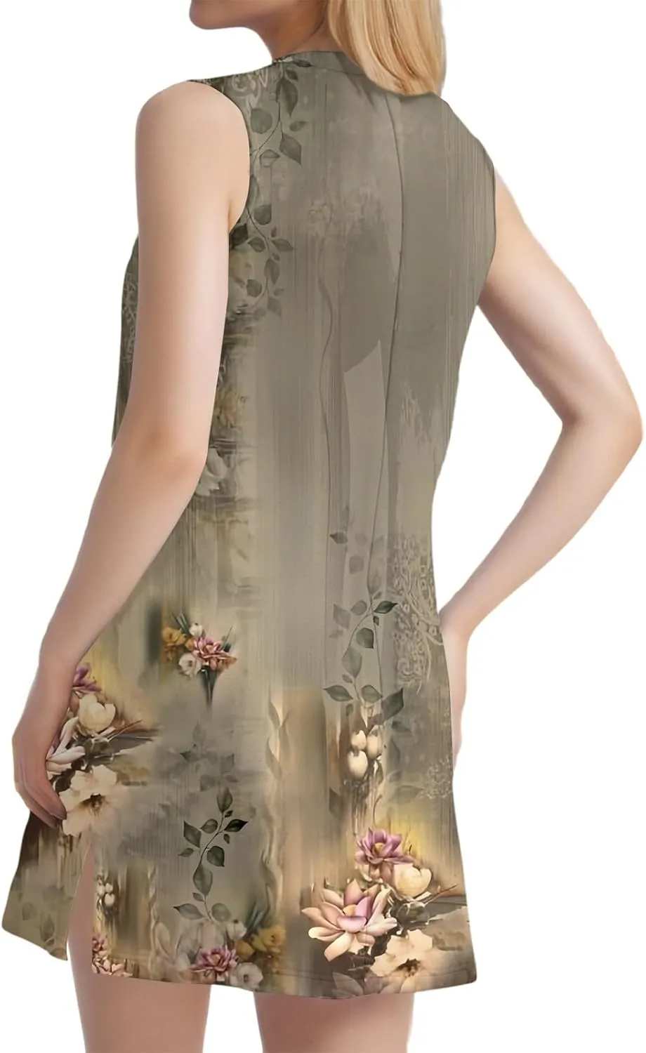 Women's Bohemian Sleeveless V-Neck Floral Print Summer Dress Casual Loose Fit Beach Sundress with Pockets