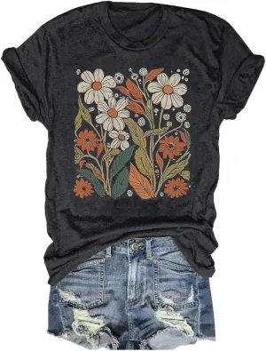 Womens Boho Floral Shirt Vintage Flower Graphic Tee T-Shirt Summer Short Sleeve T Shirts Cute T Shirt Tops