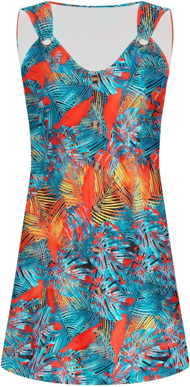 Womens Casual Dresses Sleeveless Summer 2025 Boho Floral Beach Button Sundresses Spring A-Line Tank Dress