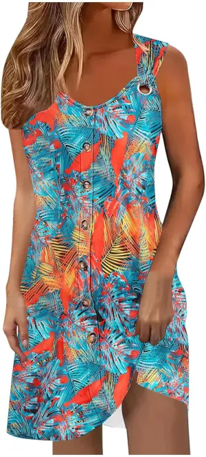 Womens Casual Dresses Sleeveless Summer 2025 Boho Floral Beach Button Sundresses Spring A-Line Tank Dress