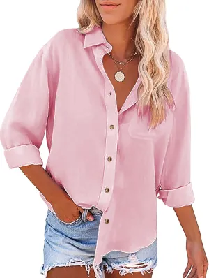 Womens Casual Linen Cotton Button Down Long Sleeve Shirts V-Neck Collared Work Summer Blouse Tops with Pockets