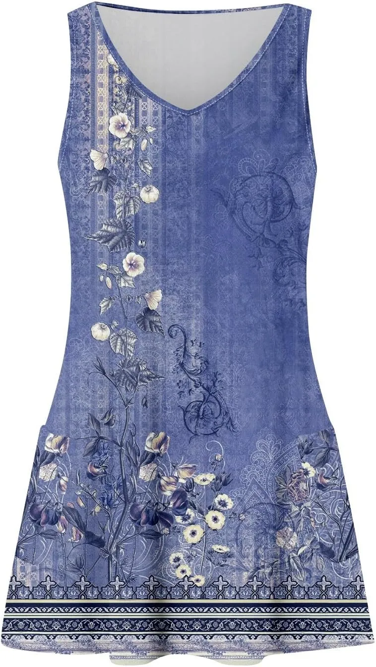 Women's Casual Sundress with Pockets 2025 Summer Boho Beach Dress V Neck Loose Tank Dresses
