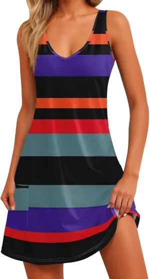 Women's Casual Sundress with Pockets 2025 Summer Boho Beach Dress V Neck Loose Tank Dresses
