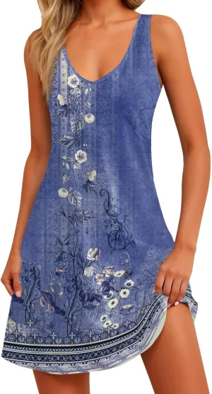 Women's Casual Sundress with Pockets 2025 Summer Boho Beach Dress V Neck Loose Tank Dresses