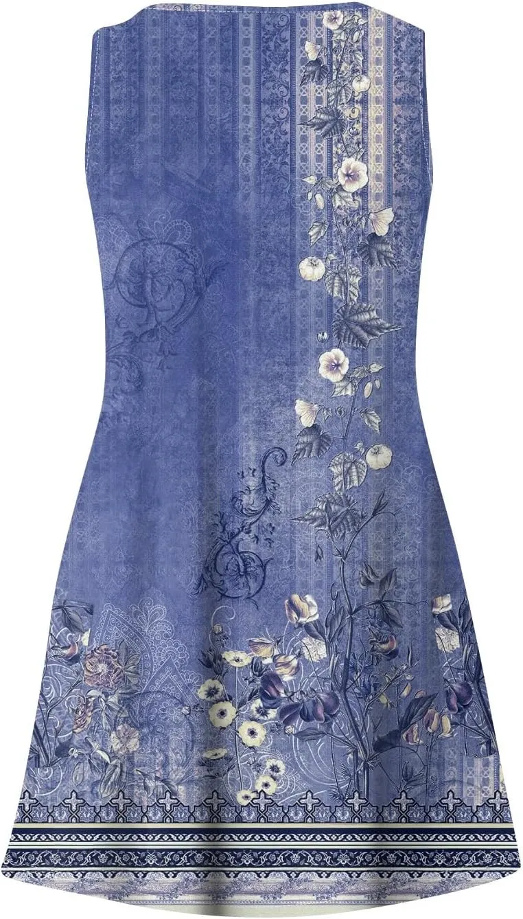 Women's Casual Sundress with Pockets 2025 Summer Boho Beach Dress V Neck Loose Tank Dresses