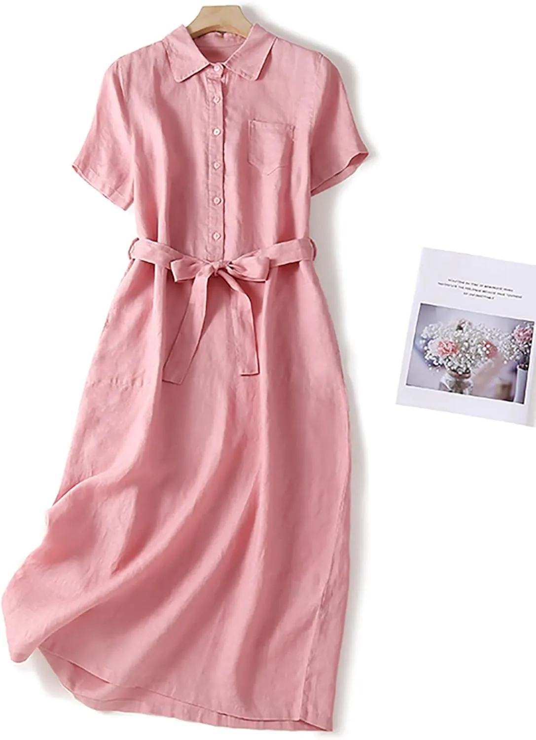 Womens Cotton Linen Button Down Shirt Dress Summer Casual Short Sleeve Lapel Belted Midi Blouse Dress with Pockets