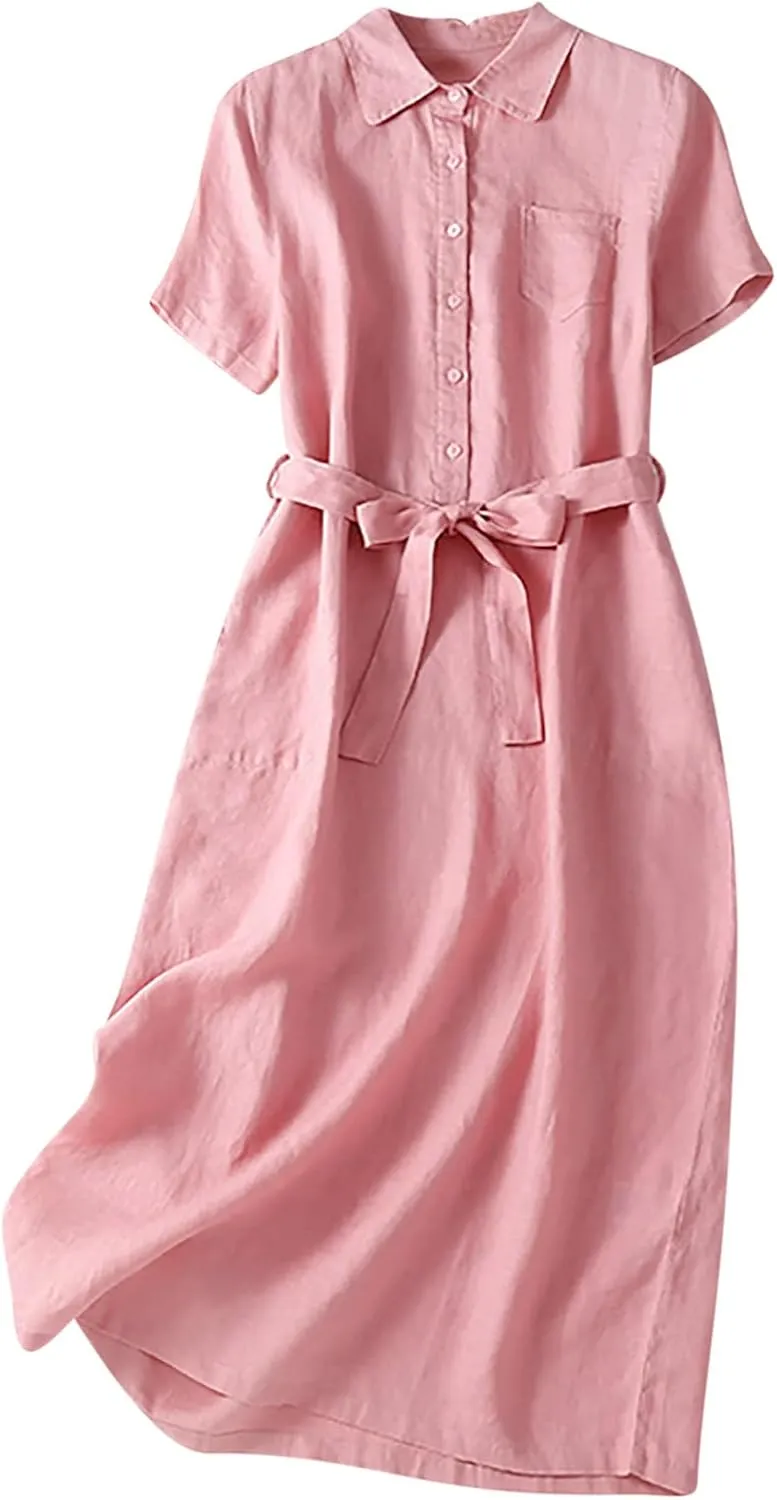 Womens Cotton Linen Button Down Shirt Dress Summer Casual Short Sleeve Lapel Belted Midi Blouse Dress with Pockets