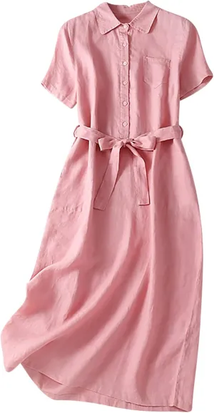 Womens Cotton Linen Button Down Shirt Dress Summer Casual Short Sleeve Lapel Belted Midi Blouse Dress with Pockets