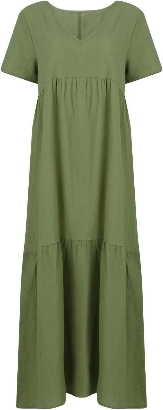 Women's Dresses Plus Size V Neck Short Sleeve Maxi Dress Loose Fit Floor Maxi Dress Ruffle Flowy Swing Sundress 2025