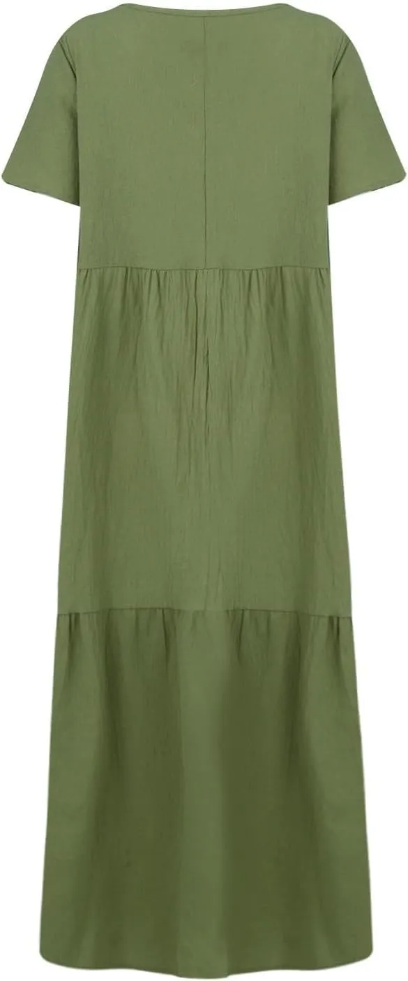 Women's Dresses Plus Size V Neck Short Sleeve Maxi Dress Loose Fit Floor Maxi Dress Ruffle Flowy Swing Sundress 2025