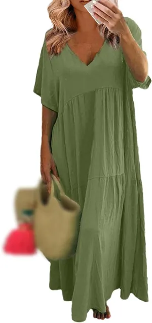 Women's Dresses Plus Size V Neck Short Sleeve Maxi Dress Loose Fit Floor Maxi Dress Ruffle Flowy Swing Sundress 2025