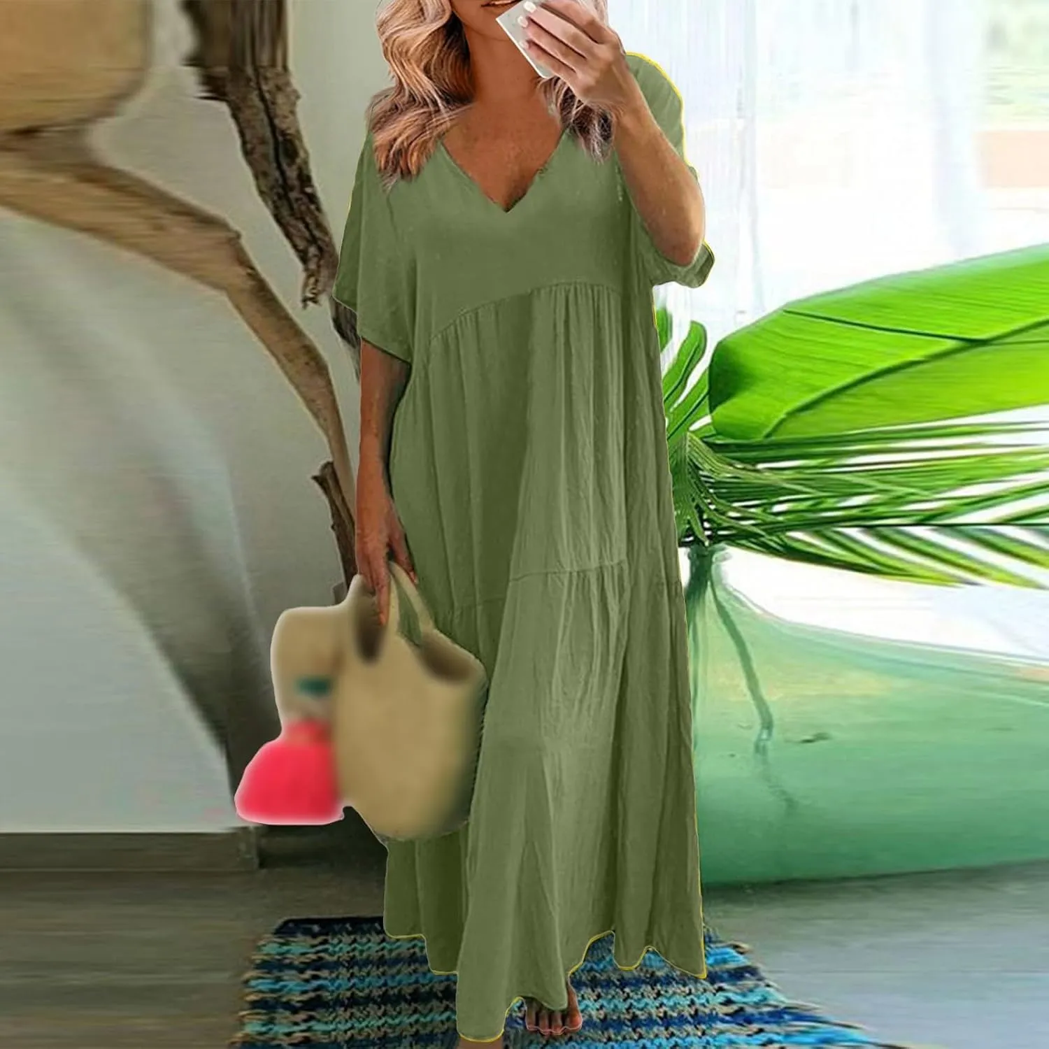 Women's Dresses Plus Size V Neck Short Sleeve Maxi Dress Loose Fit Floor Maxi Dress Ruffle Flowy Swing Sundress 2025