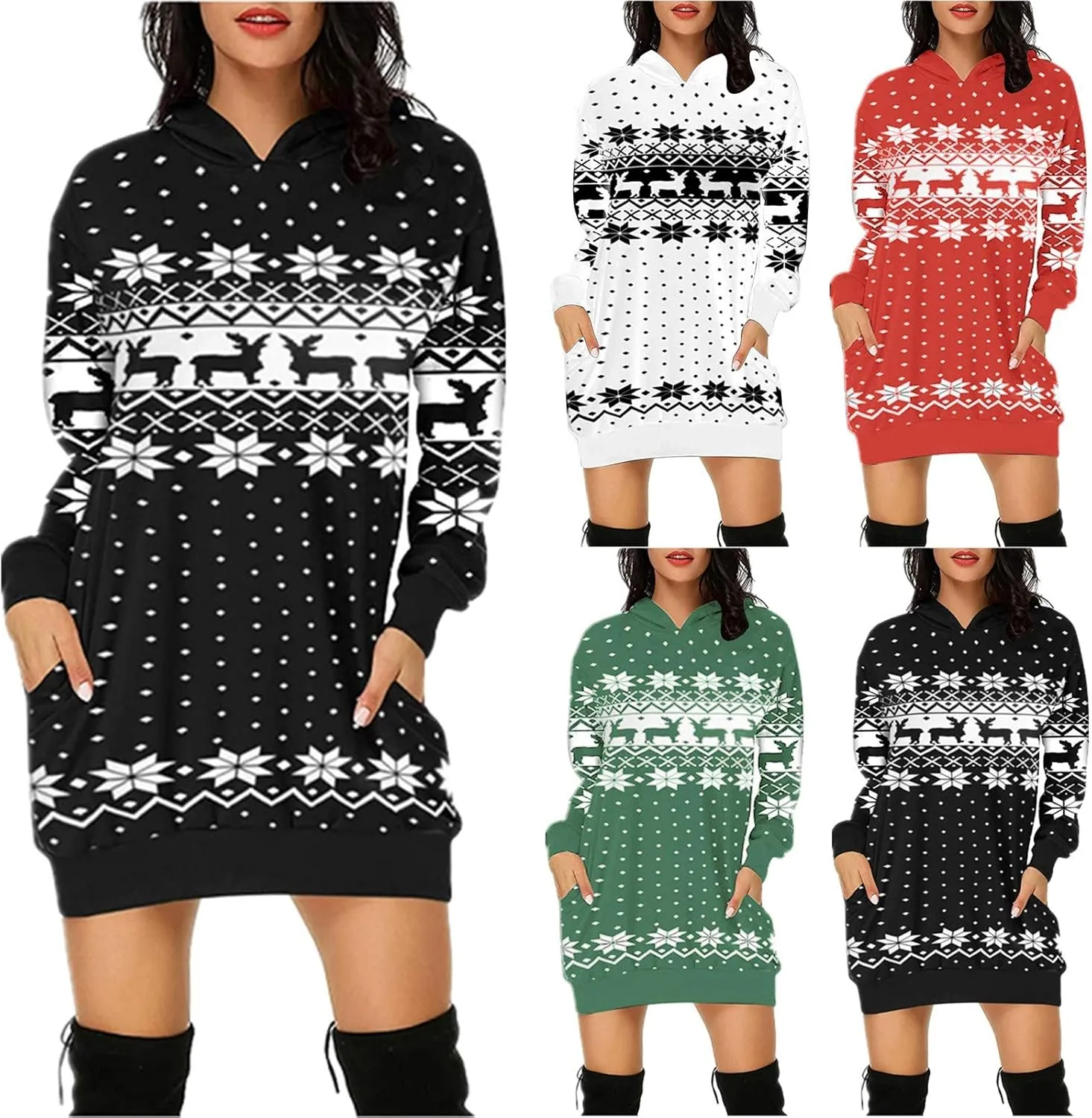 Women's Fashion Hoodie Dress Fall Casual Long Sleeve Christmas Print Loose Lightweight Sweatshirt Dress Plus Size
