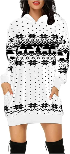 Women's Fashion Hoodie Dress Fall Casual Long Sleeve Christmas Print Loose Lightweight Sweatshirt Dress Plus Size