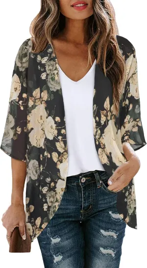 Women's Floral Cardigan Coverups Bohemian Kimono Loose Cover Up Tops Beach Swimsuit Puff Sleeve Blouse Female Chiffon Summer