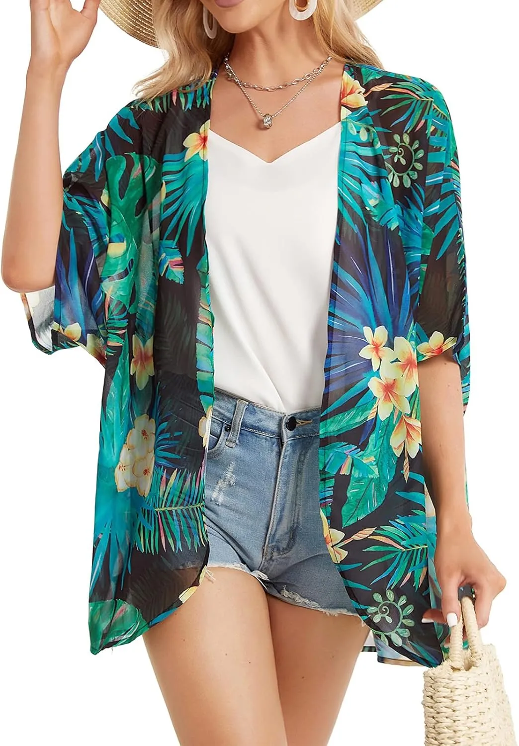 Women's Floral Cardigan Coverups Bohemian Kimono Loose Cover Up Tops Beach Swimsuit Puff Sleeve Blouse Female Chiffon Summer