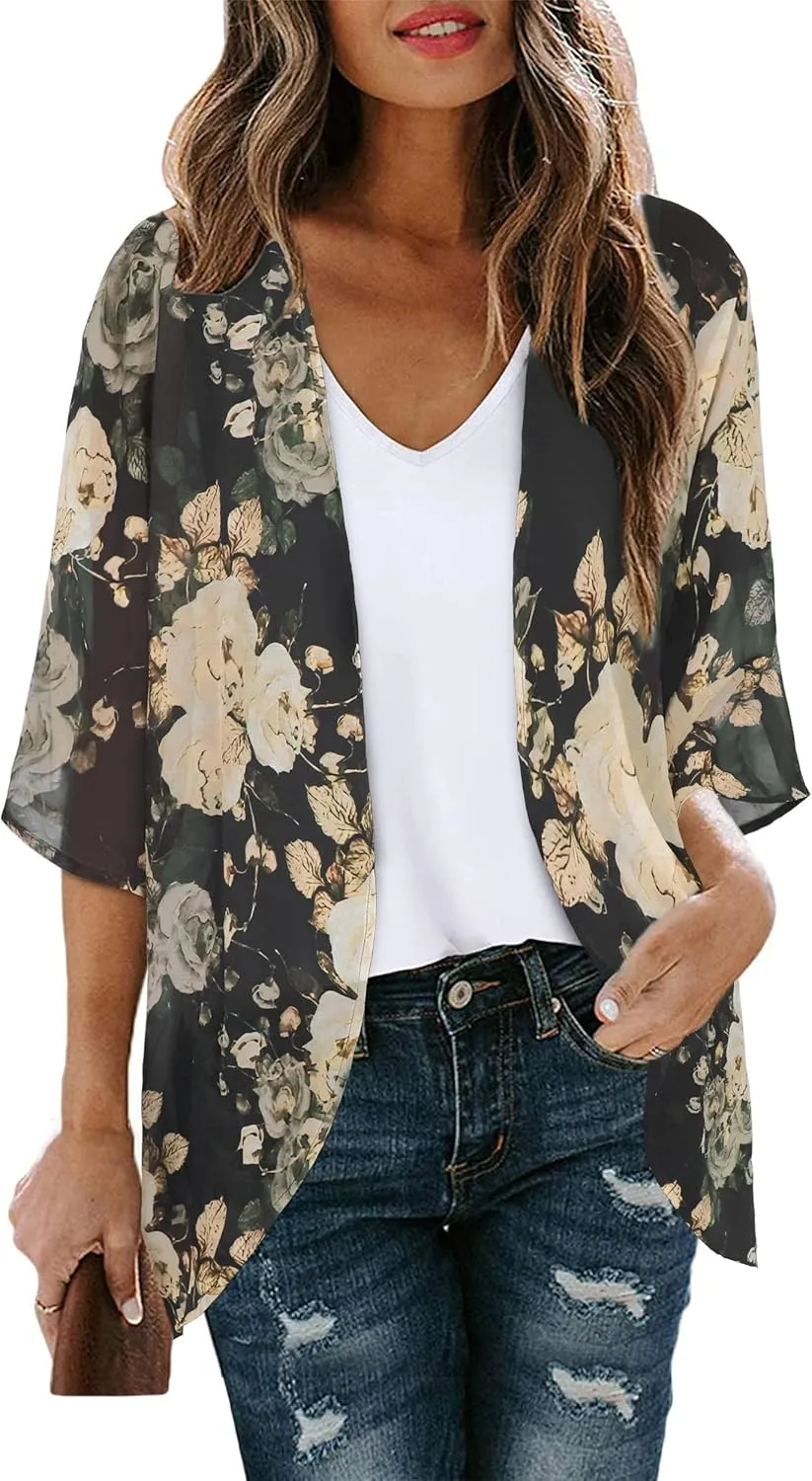 Women's Floral Cardigan Coverups Bohemian Kimono Loose Cover Up Tops Beach Swimsuit Puff Sleeve Blouse Female Chiffon Summer