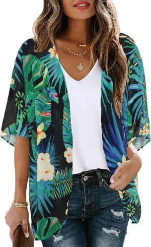 Women's Floral Cardigan Coverups Bohemian Kimono Loose Cover Up Tops Beach Swimsuit Puff Sleeve Blouse Female Chiffon Summer