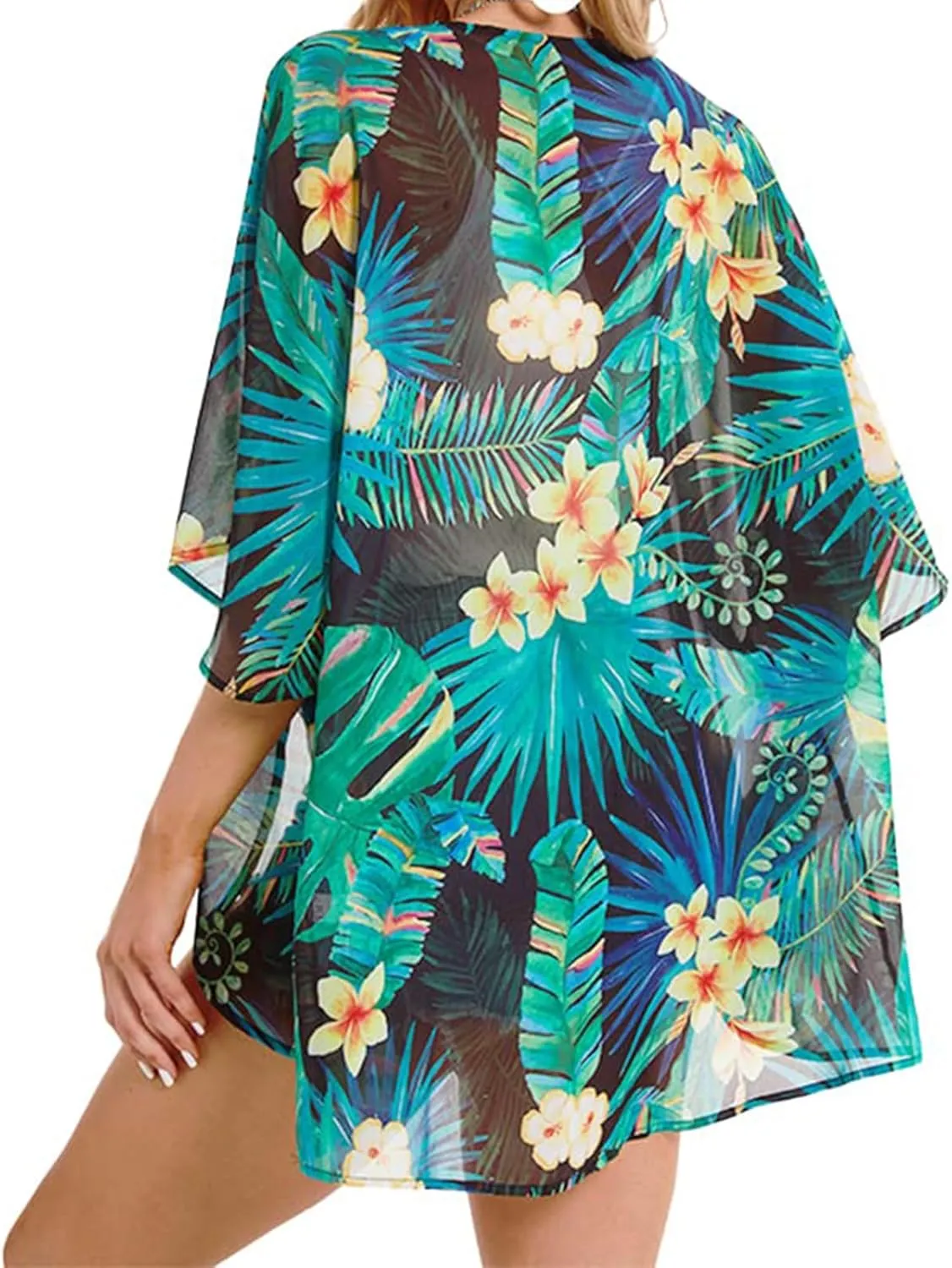 Women's Floral Cardigan Coverups Bohemian Kimono Loose Cover Up Tops Beach Swimsuit Puff Sleeve Blouse Female Chiffon Summer