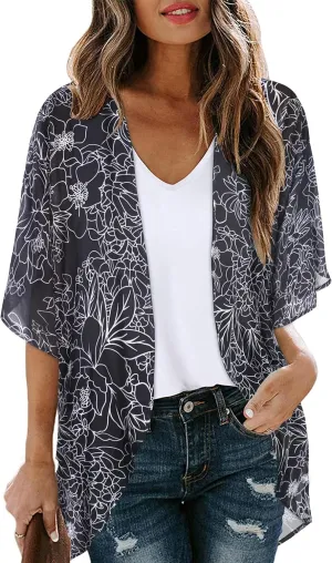 Women's Floral Cardigan Coverups Bohemian Kimono Loose Cover Up Tops Beach Swimsuit Puff Sleeve Blouse Female Chiffon Summer