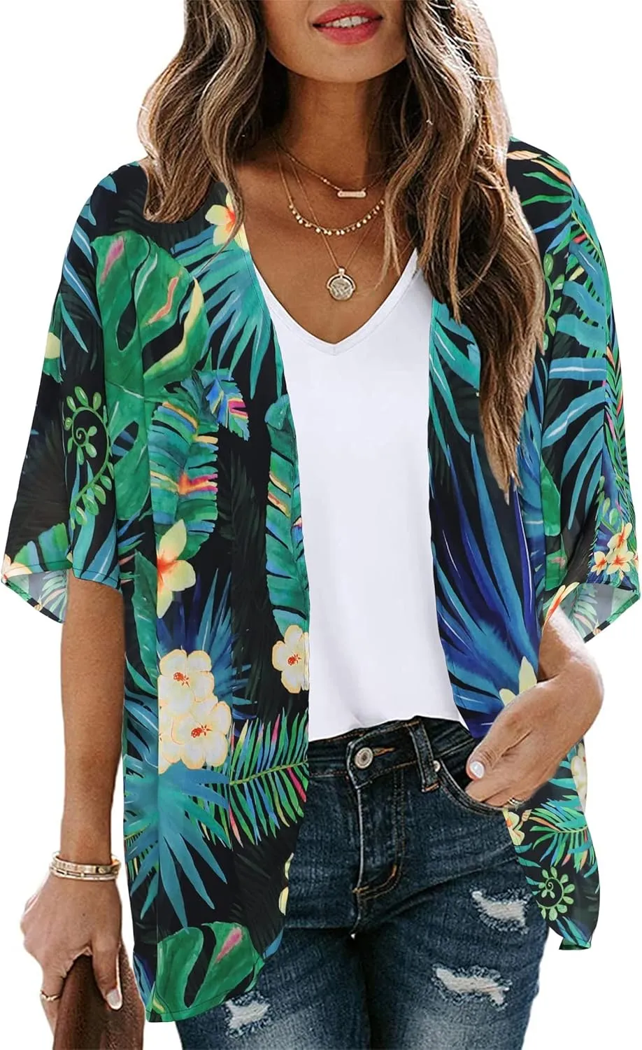 Women's Floral Cardigan Coverups Bohemian Kimono Loose Cover Up Tops Beach Swimsuit Puff Sleeve Blouse Female Chiffon Summer