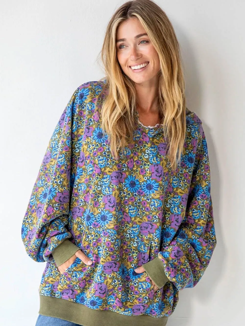 Women's Floral Hoodies Pullover Jumper Long Sleeve Pocket Sweatshirt Oversized Sweaters Tops