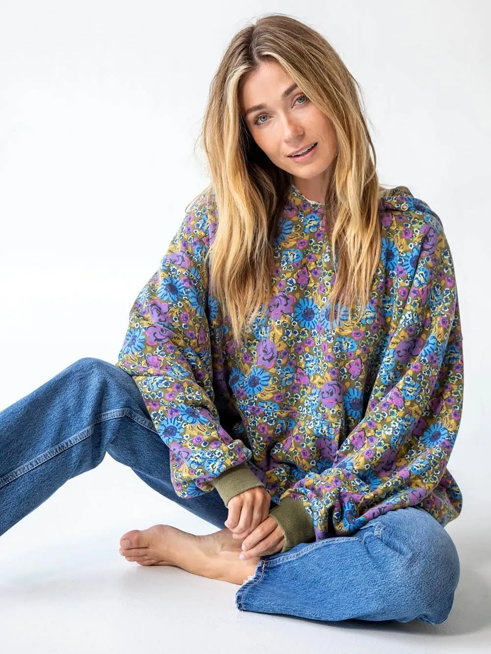 Women's Floral Hoodies Pullover Jumper Long Sleeve Pocket Sweatshirt Oversized Sweaters Tops