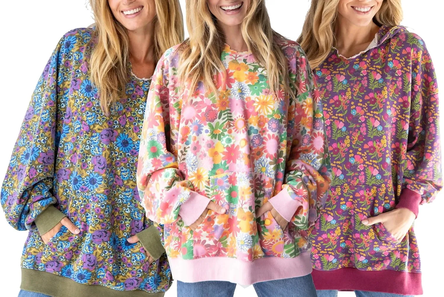 Women's Floral Hoodies Pullover Jumper Long Sleeve Pocket Sweatshirt Oversized Sweaters Tops