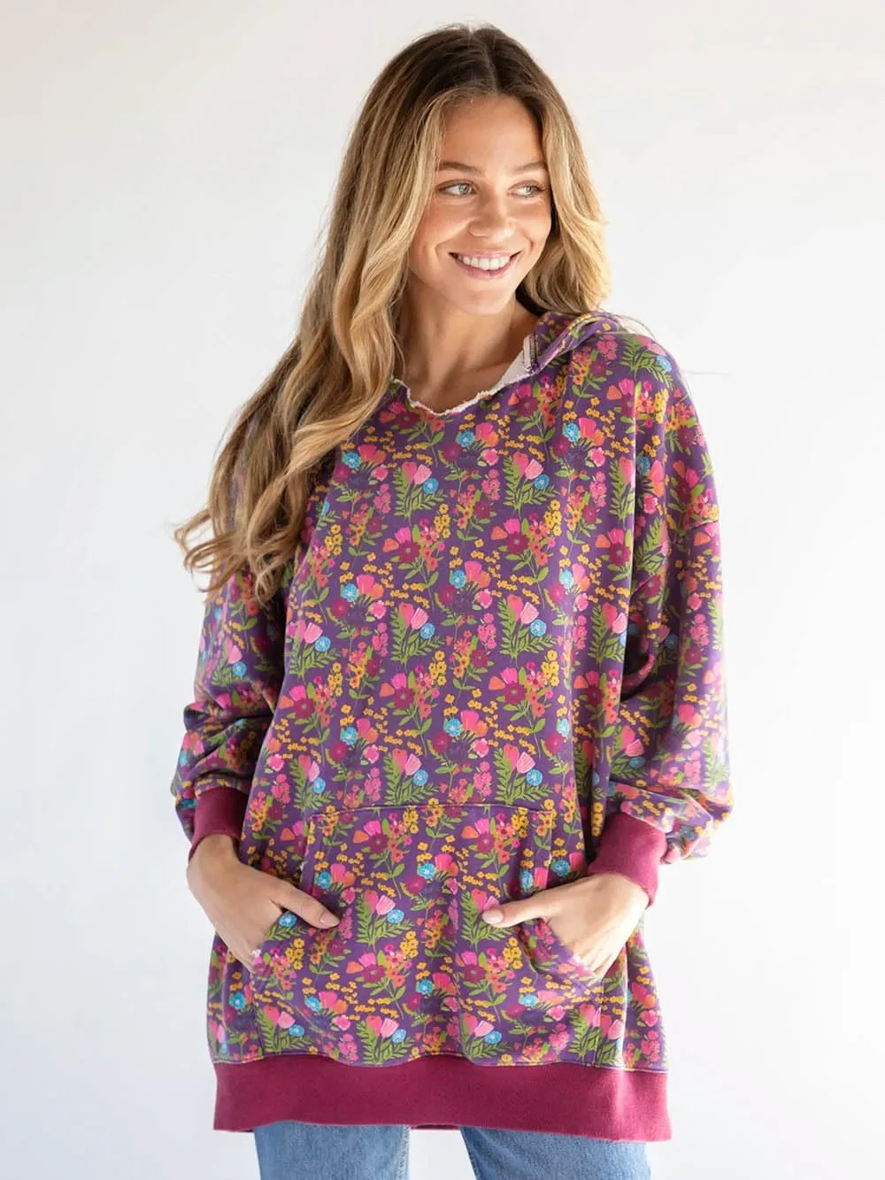 Women's Floral Hoodies Pullover Jumper Long Sleeve Pocket Sweatshirt Oversized Sweaters Tops