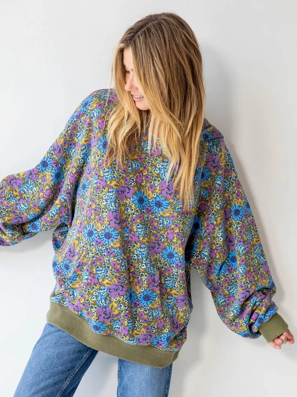 Women's Floral Hoodies Pullover Jumper Long Sleeve Pocket Sweatshirt Oversized Sweaters Tops