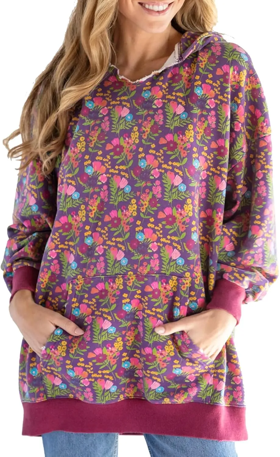 Women's Floral Hoodies Pullover Jumper Long Sleeve Pocket Sweatshirt Oversized Sweaters Tops