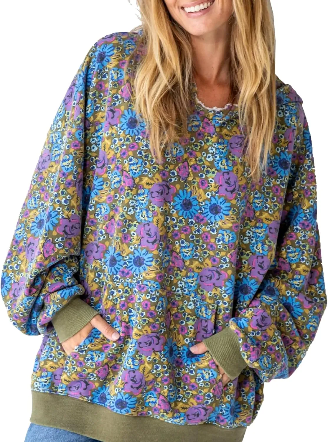 Women's Floral Hoodies Pullover Jumper Long Sleeve Pocket Sweatshirt Oversized Sweaters Tops