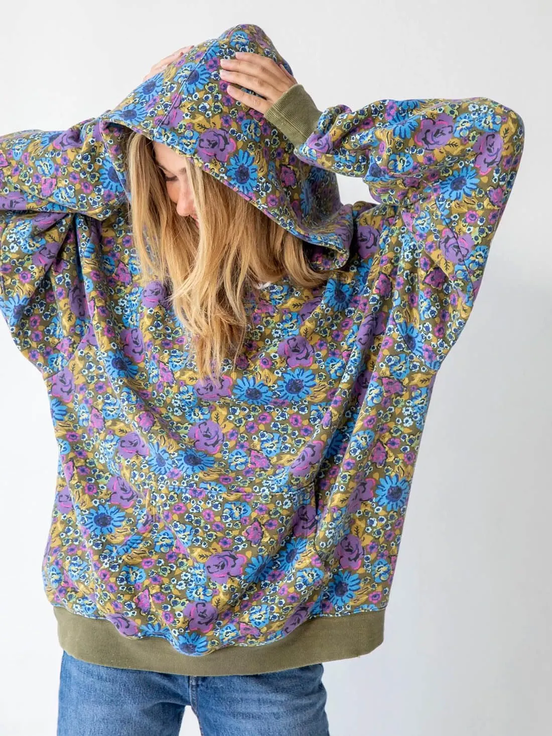 Women's Floral Hoodies Pullover Jumper Long Sleeve Pocket Sweatshirt Oversized Sweaters Tops