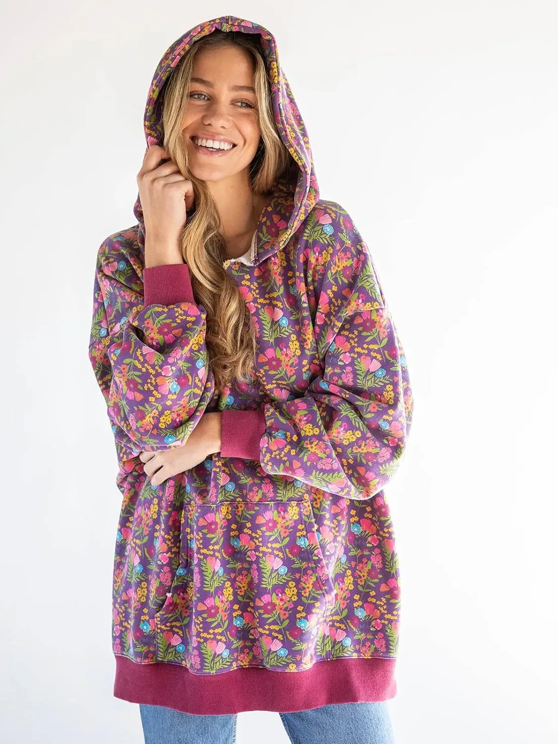Women's Floral Hoodies Pullover Jumper Long Sleeve Pocket Sweatshirt Oversized Sweaters Tops
