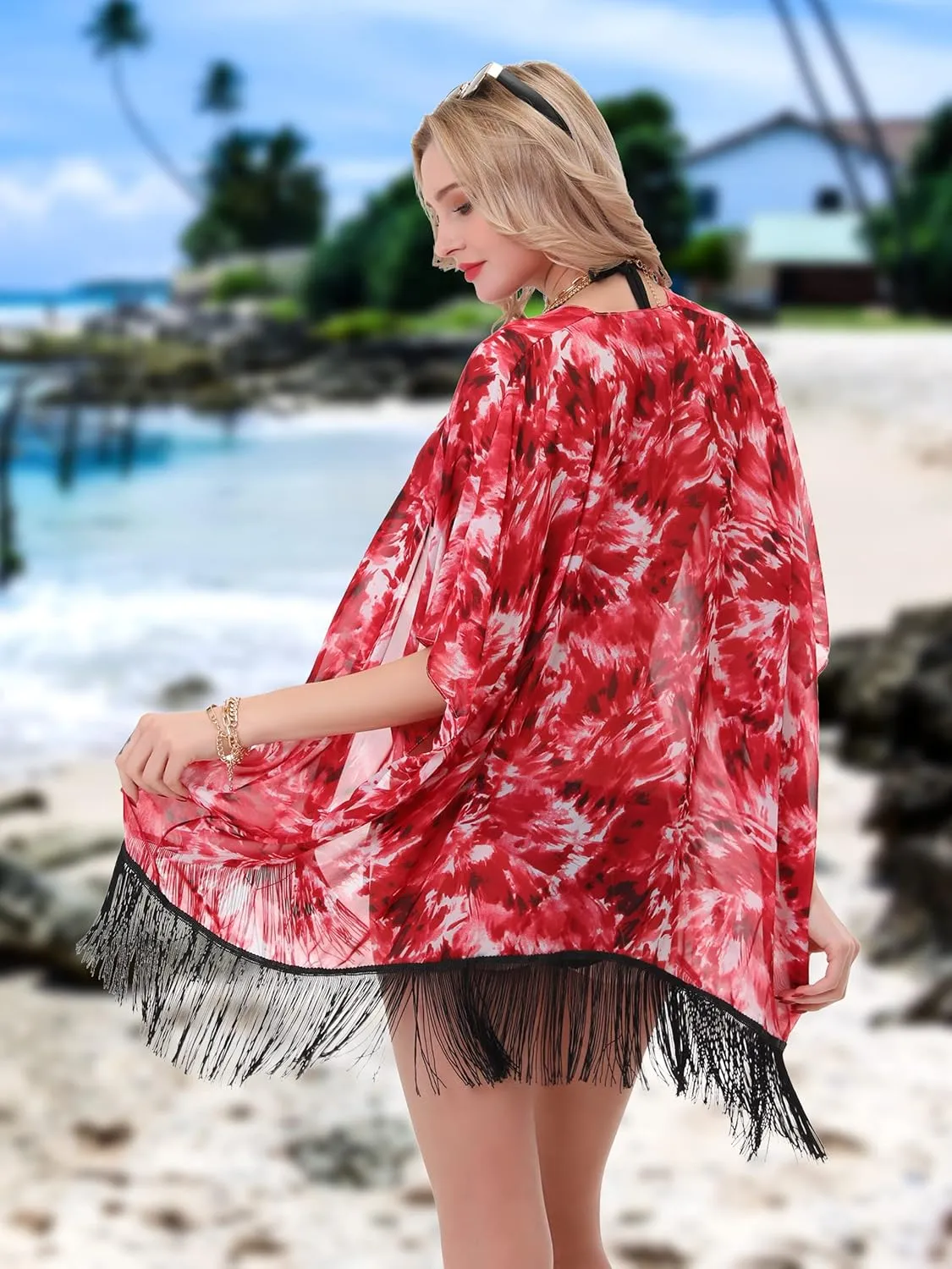 Women's Floral Kimono Cover Up - Lightweight Leopard Chiffon Beachwear for Bikini,Cardigan and Swimwear