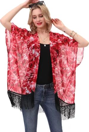 Women's Floral Kimono Cover Up - Lightweight Leopard Chiffon Beachwear for Bikini,Cardigan and Swimwear
