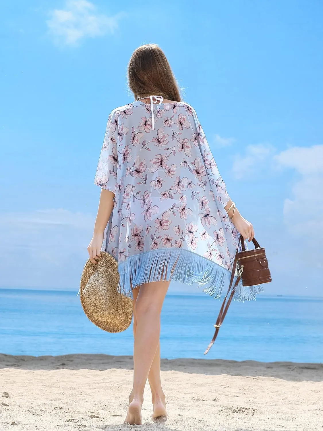 Women's Floral Kimono Cover Up - Lightweight Leopard Chiffon Beachwear for Bikini,Cardigan and Swimwear
