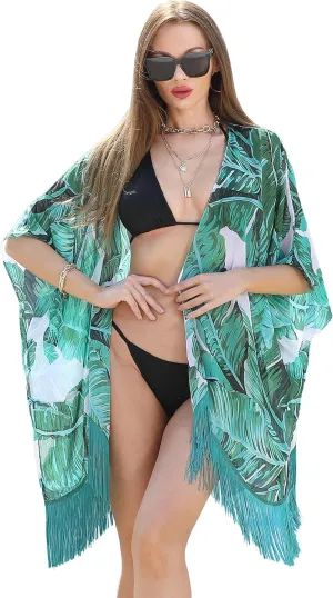 Women's Floral Kimono Cover Up - Lightweight Leopard Chiffon Beachwear for Bikini,Cardigan and Swimwear