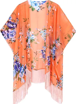 Women's Floral Kimono Cover Up - Lightweight Leopard Chiffon Beachwear for Bikini,Cardigan and Swimwear