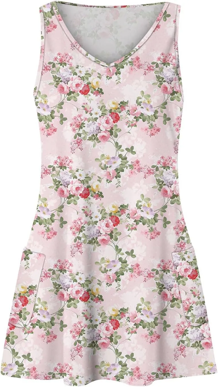 Women's Floral Sleeveless Summer Dress Lightweight Casual Beach Sundress with V-Neck for Vacation & Daily Wear