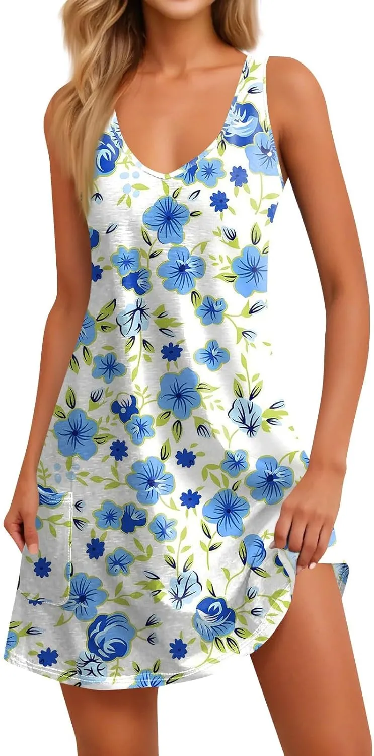 Women's Floral Sleeveless Summer Dress Lightweight Casual Beach Sundress with V-Neck for Vacation & Daily Wear