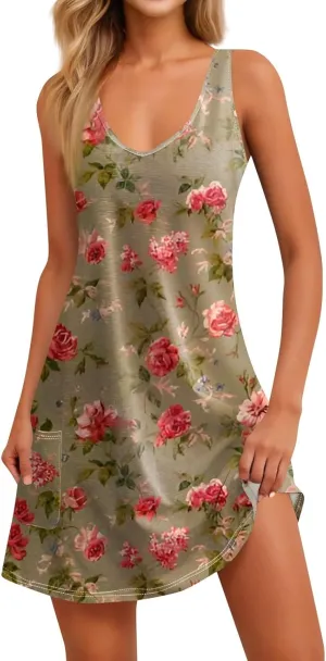 Women's Floral Sleeveless Summer Dress Lightweight Casual Beach Sundress with V-Neck for Vacation & Daily Wear