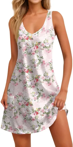 Women's Floral Sleeveless Summer Dress Lightweight Casual Beach Sundress with V-Neck for Vacation & Daily Wear