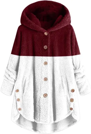 Womens Fuzzy Fleece Jacket Button Hem Plus Size Hoodie Top Sweater Blouse Outerwear with Pockets Snow Jackets for