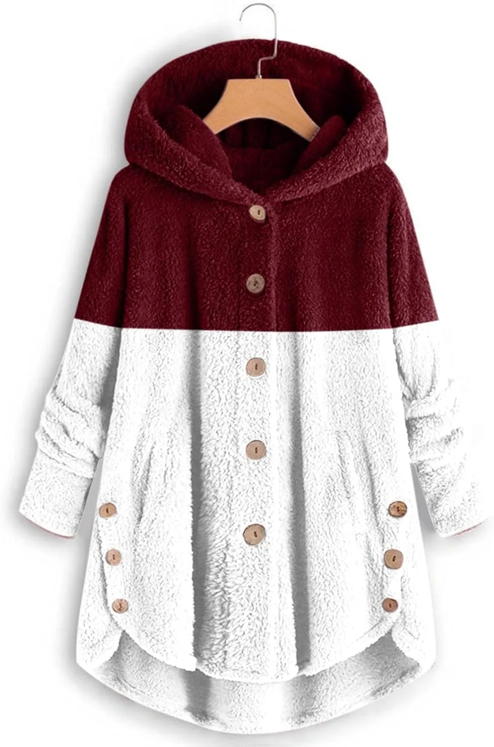 Womens Fuzzy Fleece Jacket Button Hem Plus Size Hoodie Top Sweater Blouse Outerwear with Pockets Snow Jackets for