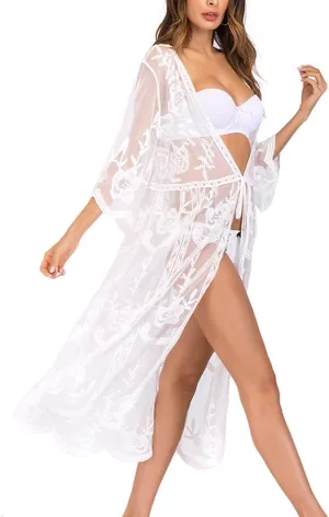 Women's Lace Cardigan Floral Crochet Sheer Beach Cover Ups Long Kimono Bikini Bathing Suit