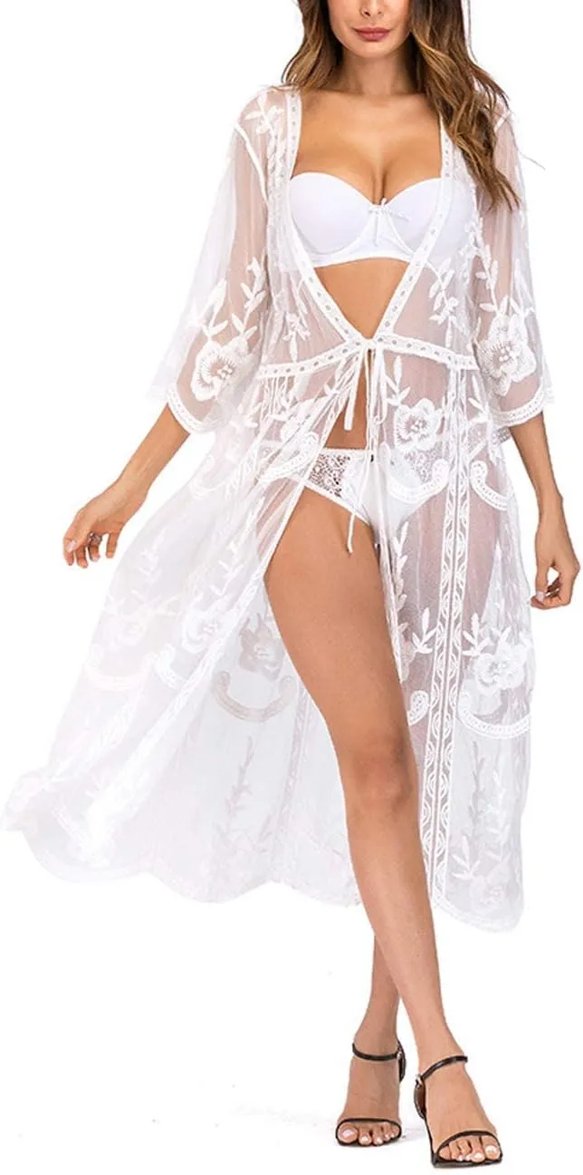 Women's Lace Cardigan Floral Crochet Sheer Beach Cover Ups Long Kimono Bikini Bathing Suit